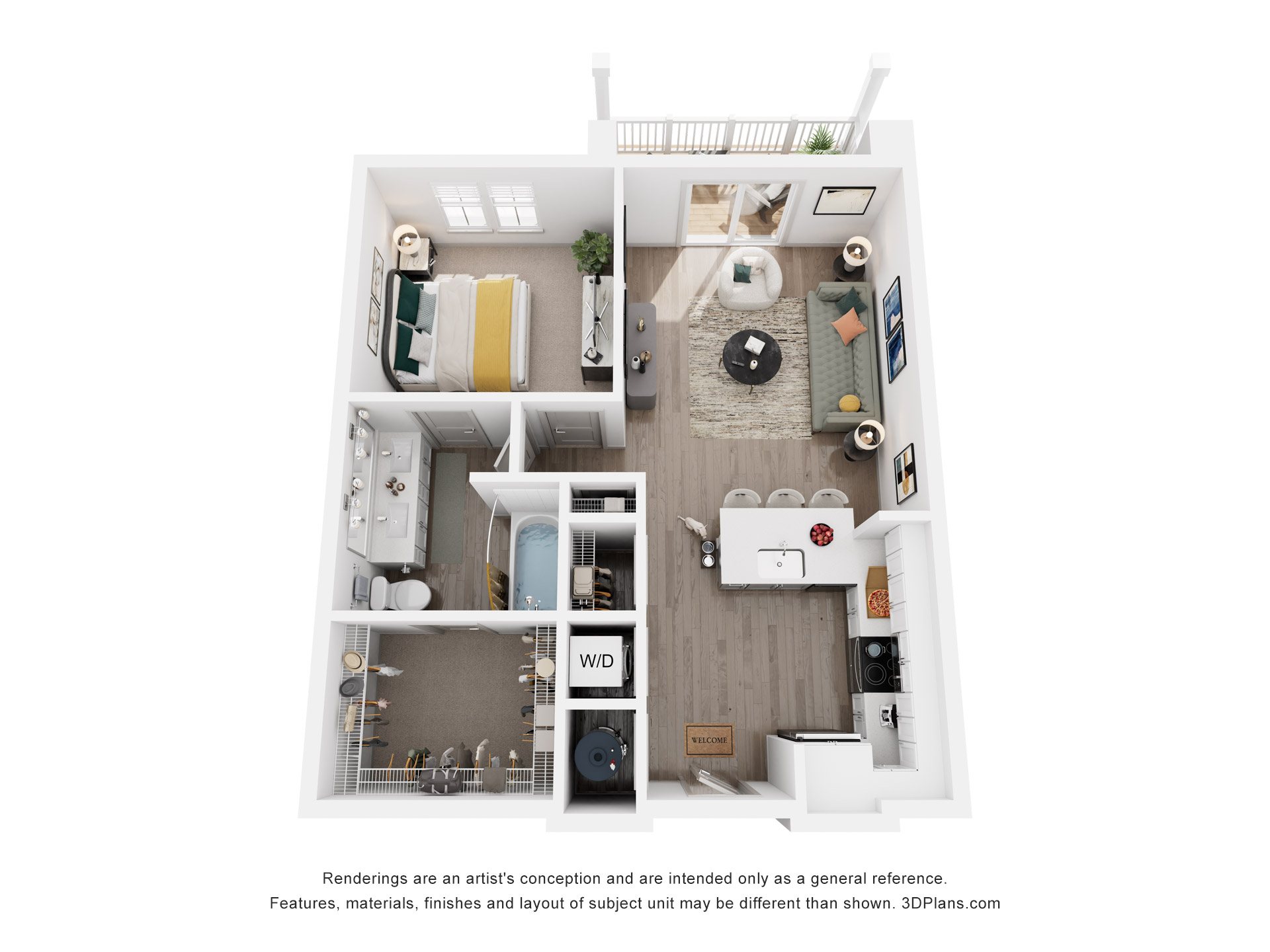 Floor plan for 1 bed, 1 bath, 734 sqft